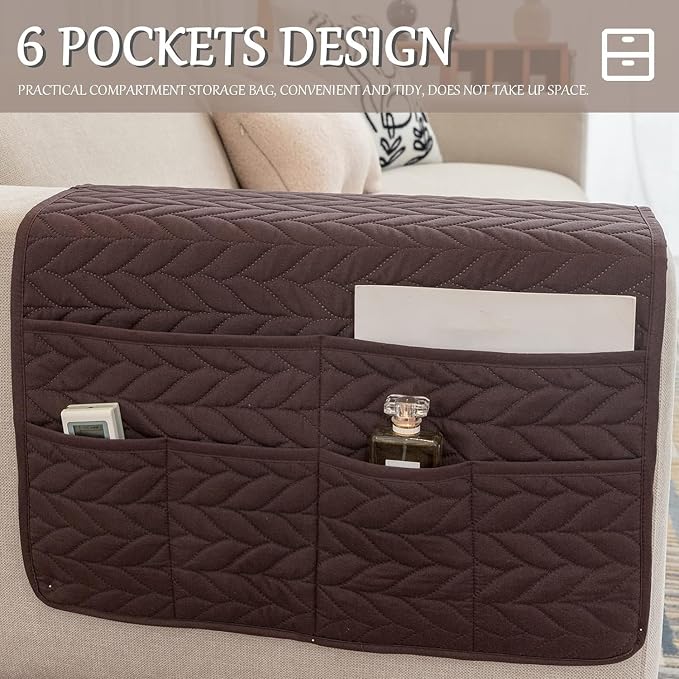 Sofa Armrest Organizer Waterproof Armchair Caddy for Couch Holder Recliner Non Slip with 6 Pockets Magazine Covers Chairs Sofas Arm Twist Pin Furniture Protector Slipcovers(Dark Coffee)