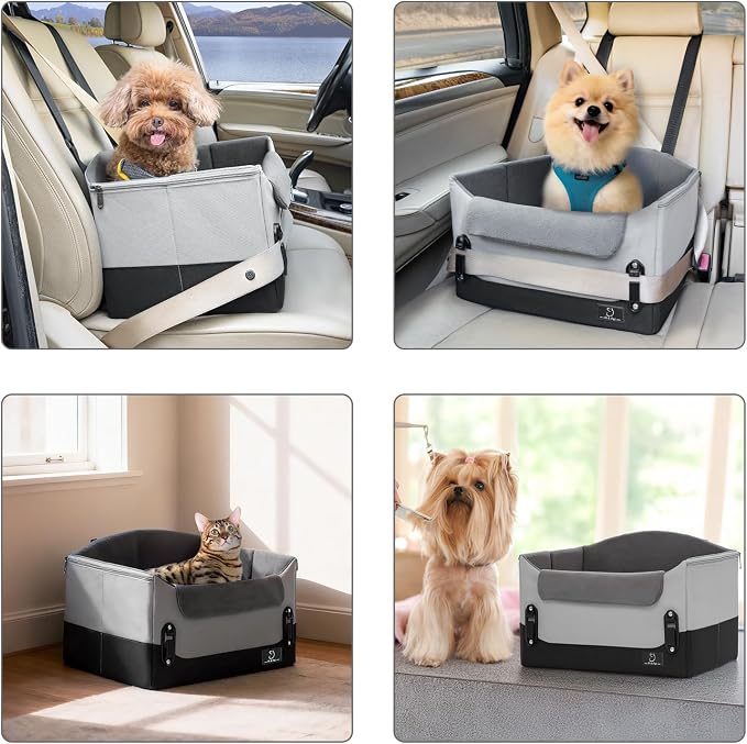 A 4 Pet Dog Car Seats for Small Dogs, Under 25 lbs, Patent Buckles | Adjustable leash, frame support, reduces anxiety, for cars/SUV/pickup