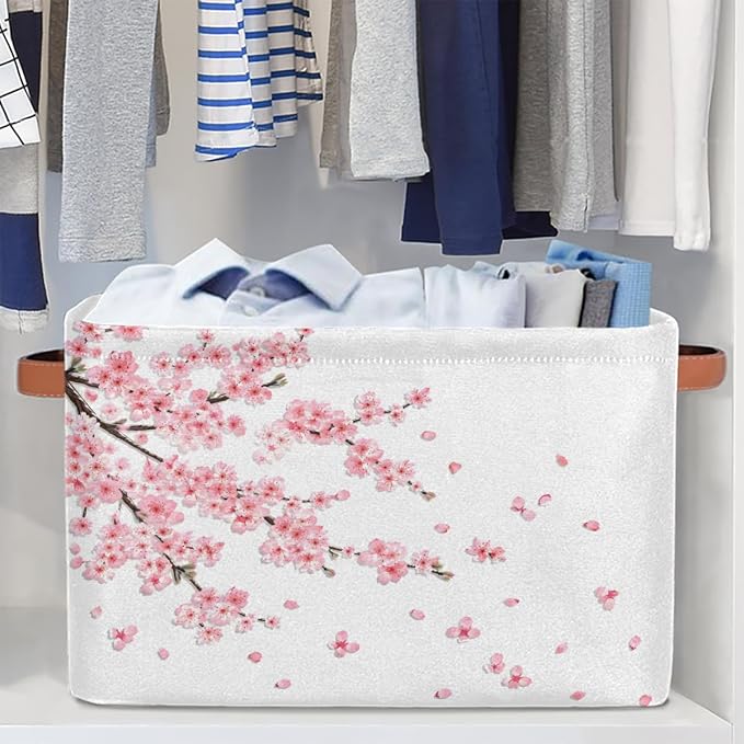 Basket Storage Bins Japanese Cherry Blossoms Rectangle Cube Basket Box Kids Girls Boys Toys Organizer Beaket Decor Foldable with Handle for Living Room Bedroom Closet Nursery Office Shelf Gifts