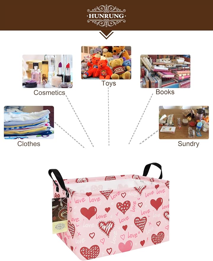Rectangle Canvas Foldable Storage Basket for Nursery, Pink Love Heart