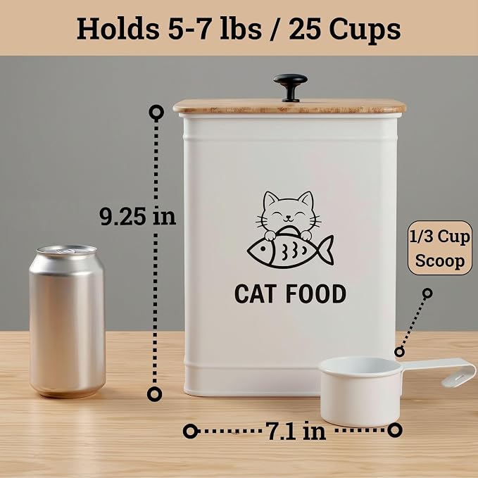 Metal Cat Food Container with Scoop 5-7 lb (25 Cup), w/ Airtight Bamboo Lid | Cat Kibble Canister with Metal Scoop, 25 Cups, Chew Proof Iron Body, Powder Coated, Airtight Bamboo Lid, Sturdy Metal Handle