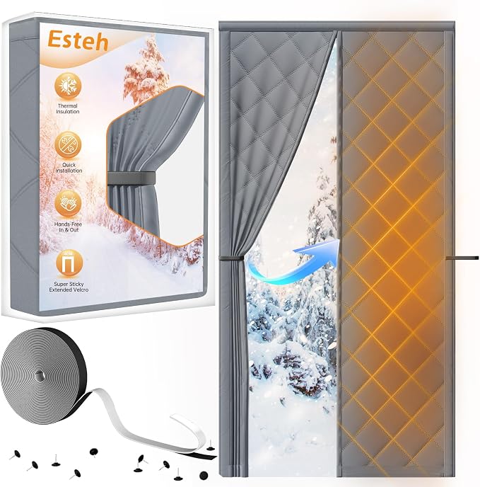 Magnetic Thermal Insulated Door Curtain for Winter Fits Door Size 32" x 80", Temporary Thermal Door Cover for Cold with Thickened Cotton, Window Insulation Kit for Sliding Glass Doorways-Gray