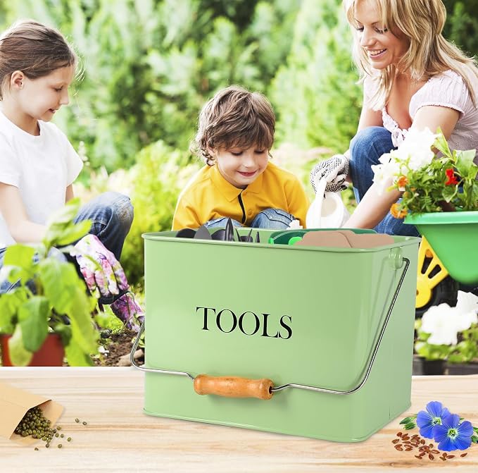 Garden Tool Organizer, Metal Tool Caddy with 3 Compartments, Portable Garden Tool Basket with Handle, Gardening Tool Kit Holder Empty, Garden Tool Storage for Indoor and Outdoor Use - Green