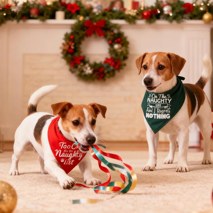 Christmas Dog Bandanas Naughty & Nice Idea Funny Holiday Stocking Pet Scarf Gifts - On the Naughty List and I Regret Nothing, Solid Green, Medium & Large Breed, 25-75lbs
