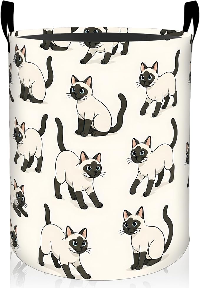 Siamese Cat Laundry Basket, Cartoon Animal Beige Oxford Cloth Dirty Clothes Collapsible Hamper for Room Decor, Cute Pet Gifts, Toy Organizer 19.7 x 15.7 Inches for Bedroom Bathroom Dorm