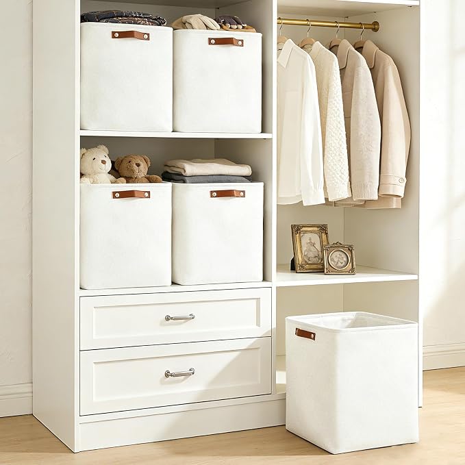 Bagnizer Large Fabric Storage Baskets | 50L Storage Bins, Decorative Linen Closet Baskets with Handles for Organizing, Shelf, Toys, Clothes, Home, Office, Nursery, 17x12x15Inches (White)