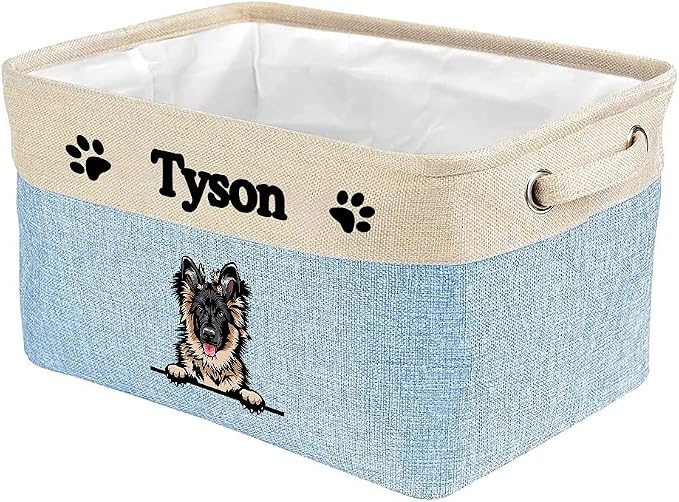 Personalized Fabric Dog Toy Storage Basket with Funny Dog German Shepherd Collapsible Sturdy Fabric Pet Toys Storage Bin Cube with Handles for Organizing, Blue amd White
