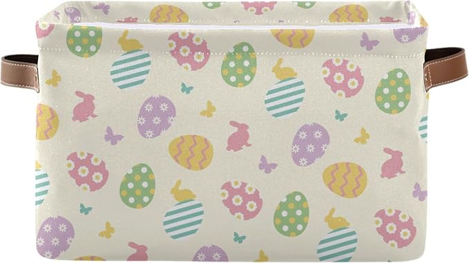 Easter Eggs Cute Storage Basket with Waterproof Liner and PU Handles Happy Easter Day Bunny Rabbit Butterfly Storage Bins Boxes 14.2" Collapsible Decorative Organizer Baskets for Bedroom Closet 1 Pack