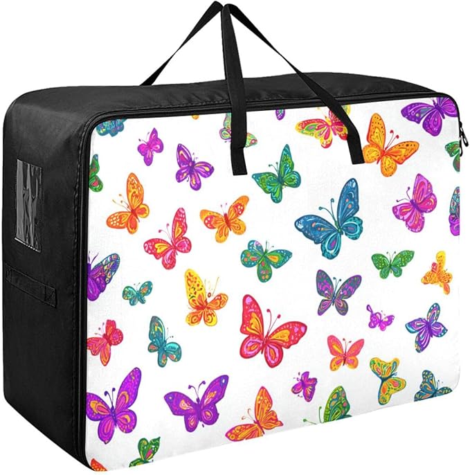 Comforter Storage Bags Large Folding Blanket Organizer Bag with Strong Handles Clear Window Closet Storage Containers for Clothes King Queen Pillows Bedding Quilt Duvet Bright Color Butterfly