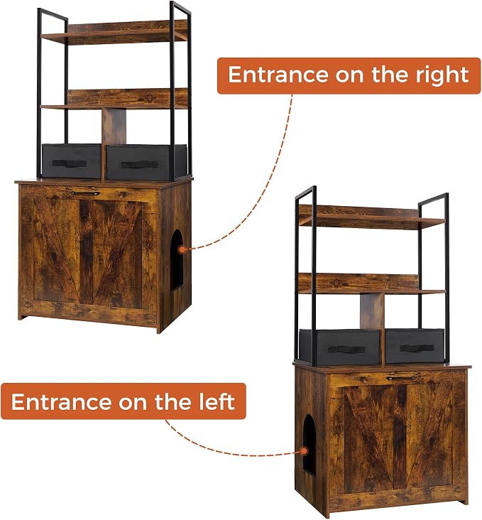 Dwanton Cat Litter Box Enclosure, 2 Storage Shelves and 2 Drawers, 50" H | 2-in-1 Hidden Cat Litter Box Enclosure Furniture with Shelf, Metal Frame, Reversible Entrance, Washable Drawers, Rustic Brown