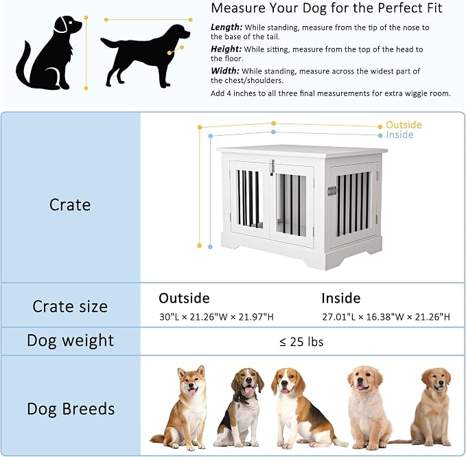 30" Wooden Dog Crate Furniture,Small Kennel Pet Cage End Table for Indoor | for Medium S XS Dogs, White, Fits Living Room Bedroom, Heavy Duty Steel Frame with Lock 25 lbs Cap, 100 lbs Top.