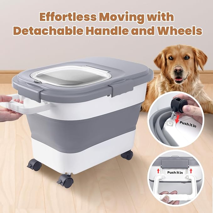 15-23Lbs Airtight Dog Food Storage Container,Collapsible Dog Food Container | Cat Food Container with Double Airtight Seal & Magnetic Lid,Large Pet Food Storage Container Wheels & Handle for Easy Moving