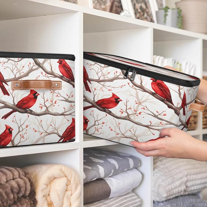 Storage Bins Branch Cardinals Storage Basket with Zipper Lid & Handle Foldable Storage Box Storage Cube Bin Clothes Organizer for Closet, Bedroom