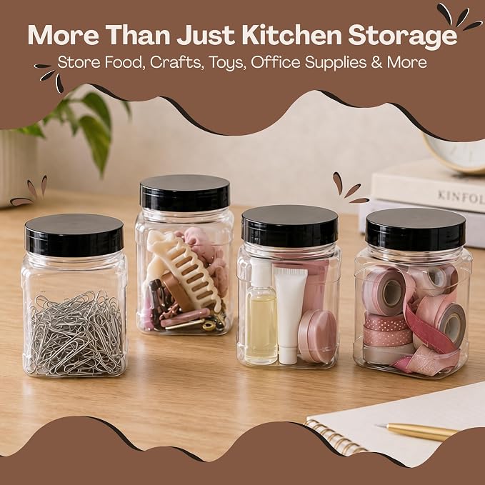 Pride of India 16 Fl Oz Clear Storage Jar with Dual Opening Lid | Food Grade PET Plastic Square Grip Jar | Reusable Organizer for Kitchen, Pantry, Coffee, Spices, Snacks, Crafts | 1-2 Cup Capacity