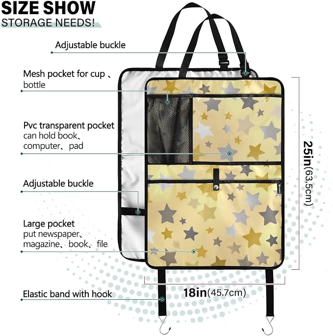 1 Pack Back Seat Car Organizer with Storage Pockets Kick Mats Back Seat Protector Hanging Car Organizer Automotive Seat Back Cover Organizers Cute Silver and Golden Stars