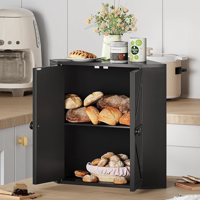 Trironsun Corner Bread Box for Kitchen Counter Double Layer Bamboo Bread Storage Container Large Capacity Bread Storage Bin Farmhouse Breadbox Organizer (Black)