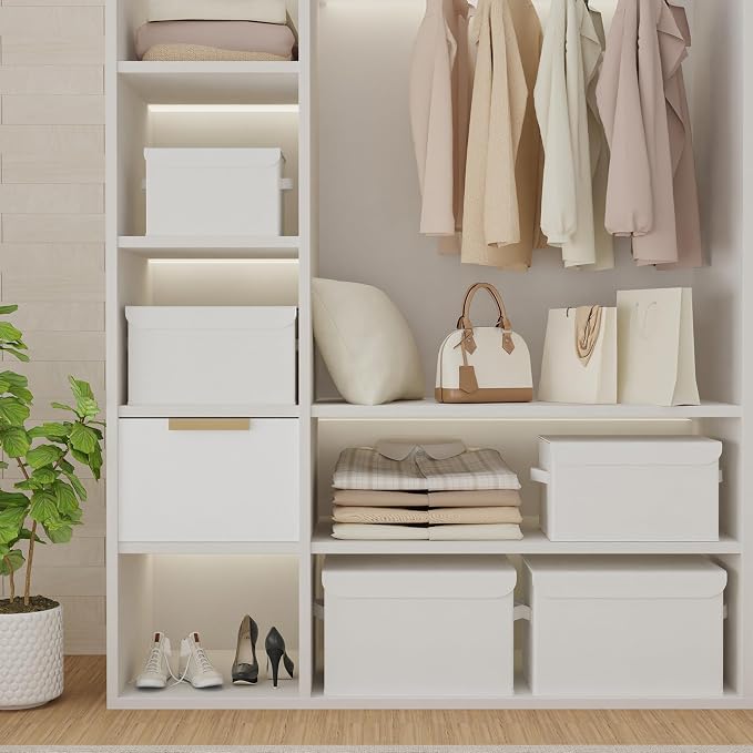Foldable Storage Bin, Organizer Basket, 2 Pack, White, 13x9x7.9 In | Decorative Boxes with Flip-Top Lid and 2 Handles, Foldable Clothes Container for Shelves with Cover for Towels and Blanket