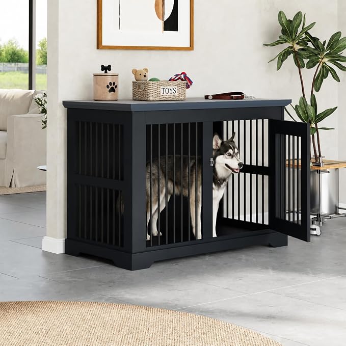 44" Wooden Dog Crate Furniture,Large Kennel Pet Cage End Table for Indoor | for XXL XL Medium Dogs, Grey, Fits Living Room Bedroom, Heavy Duty Steel Frame with Lock 100 lbs Cap, 100 lbs Top.