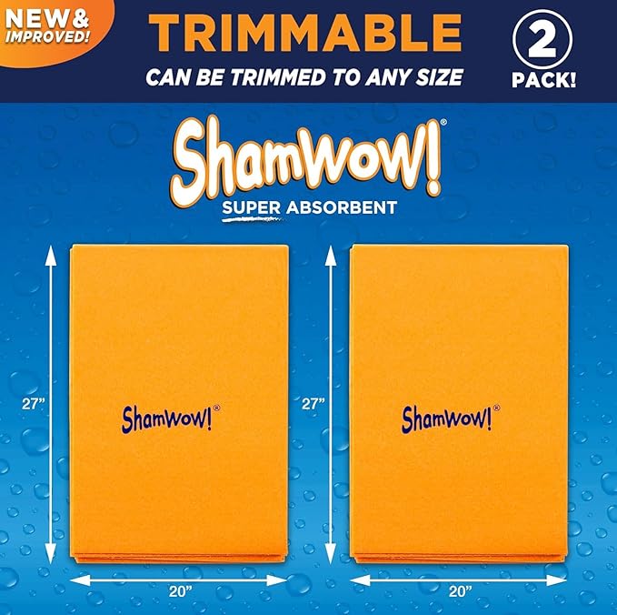 ShamWow 2-Pack (20"x27") -Shammy Super Absorbent Multi-Purpose Home Cleaning, Chamois Towel for Cars, Lint-Free, Streak-Free & Scratch-Free, Holds 10x Its Weight, Machine Washable, Orange