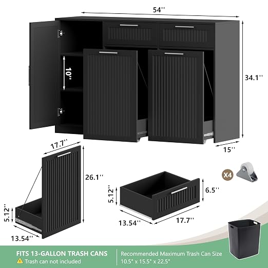 Double 13 Gallon Pull Out Trash Can Cabinet with Storage Cabinet,Black | Pet Proof Hidden Garbage Can Cabinet,3-Tier Shelves,Fluted Design,Extra Drawer Space,Kitchen & Dining Room Organization