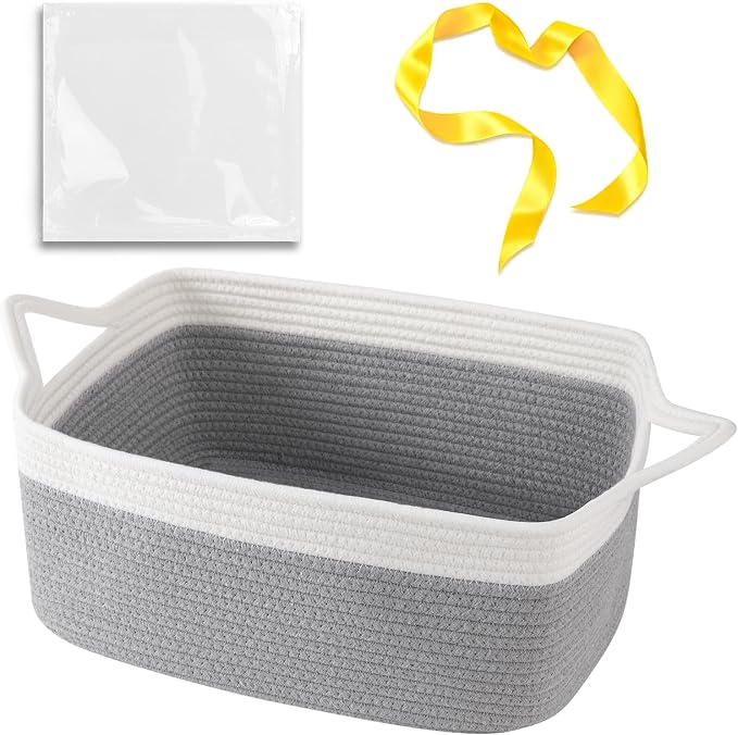 OIAHOMY 19L Woven Basket, Gift Basket Empty with Gift Bags and Ribbons, Rope Baskets for Baby Showers, Storage Baskets with Handles for Nursery, Pet Toy Organizer - Grey & White