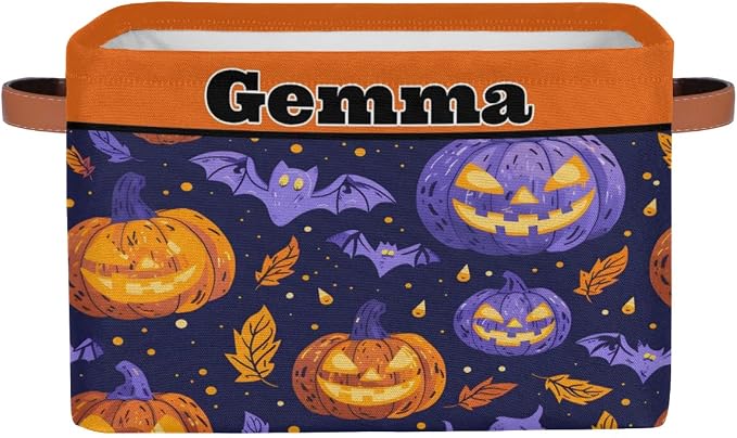 Personalized Foldable Storage Basket with Name for Boys, Laundry Hamper Dirty Clothes Pet Toys Storage Bin with Handles for Shelf Home Closet, Purple Orange Pumpkin Bat