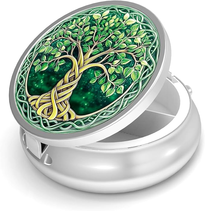 Pill Box-3 Compartment Small Pill Case for Purse & Pocket Mini Metal Pill Holder Travel Pill Container to Hold Supplements Vitamins BPA-Free (Tree of Life)