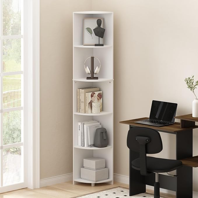 Furinno ECON Corner Shelf, 5-Tier Corner Book Shelf, Storage Shelves, Display Rack, Bookshelf, for Organization and Storage, Living Room, Home Office, White