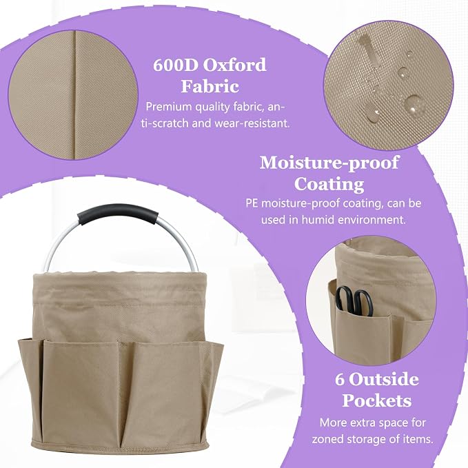 17L Cleaning Supply Caddy with Soft Handle, Portable Shower Caddy in 600D Oxford Fabric, Garden Tool Organizer Bag, Multifunctional Storage Basket for Bathroom, Garden, Khaki