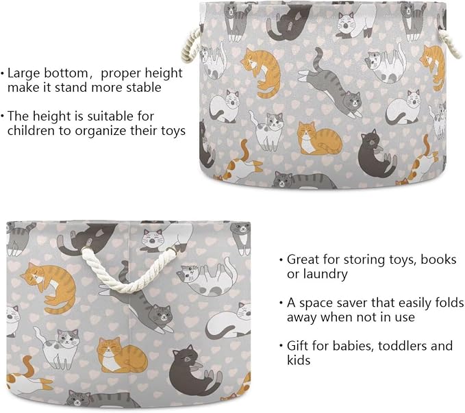 Cute Cat Print Collapsible Round Storage Basket with Handles | Pet Kitten Heart Large Laundry Baskets Hamper, Clothes Organizer Bin for Bedroom Living Room Decor, 20x 20x 14 Inches