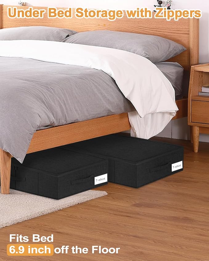 punemi 6.7 in Sturdy Under Bed Clothes Storage Container, 2Pack, Black | Sturdy Ultra-Thick Fabric, with Zipper Lid & 3 Handles, Foldable Design, for Clothes, Blanket & Shoe Storage