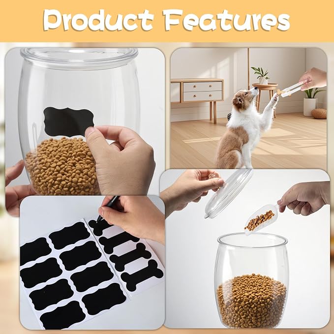 2 Pack Dog Treat Container Airtight, Dog Food Storage Container Dog Treat Jar with Lid 9.8x6.3 & 8.6x5.3 inch Clear Dog Cookie Jar with Scoops,Clamp,Labels for Dog Cat Bird and other Pet