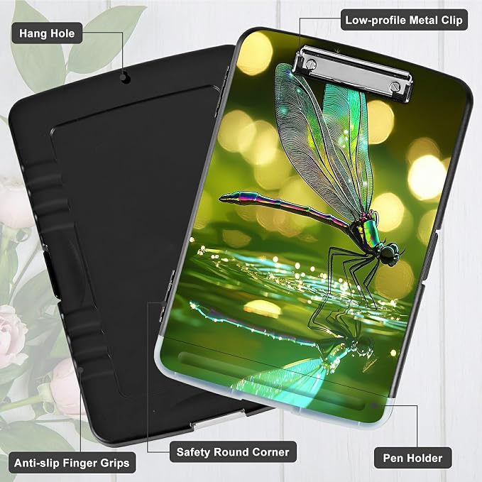 A4 Clipboard with Storage Pen Holder, Clipboards Organizer Nursing Clipboard Foldable File Folder Plastic Clipboard Folio Clip Board for Office Work Classroom Doctor, Green Dragonfly