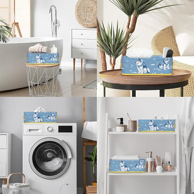 Wolf Winter Blue Cold Bathroom Storage Basket, Foldable with Handle Open Countertop Paper Towel Decorative Box, Toilet Tank Top Shelf Baskets for Home Closet Bedroom Living Room Office