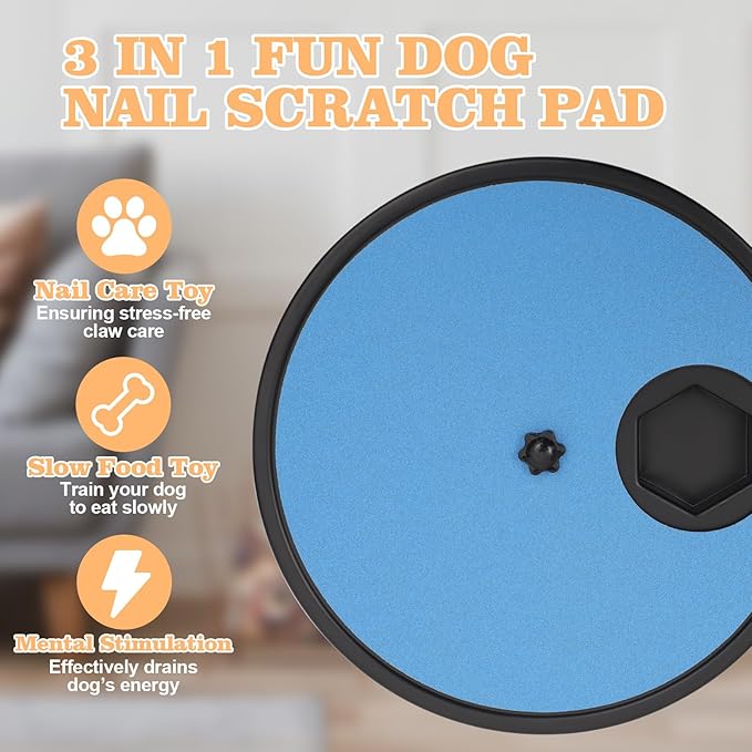 3 in 1 Rotatable Dog Scratch Board with Food Storage Compartment Box Round Stress-Free Scratch Pad ABS Nail Grinder Claw Care Dog Claw Grinder Board (Blue)