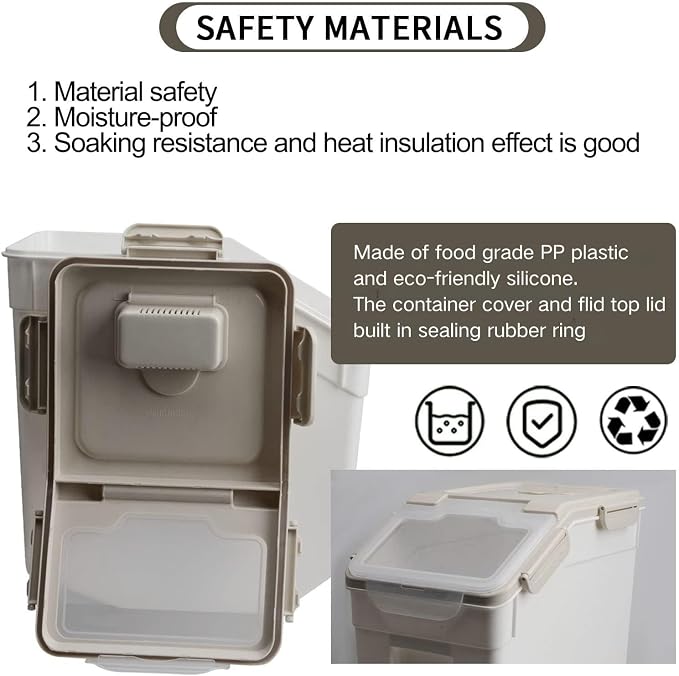 Large Flour Storage Container Bin 25lb,4 Pack Airtight Rice Storage Containers with Wheels Seal Locking Lid BPA Free with Measuring Cup,Scoop for Flour, Rice, Grain, Dry Food - Grey