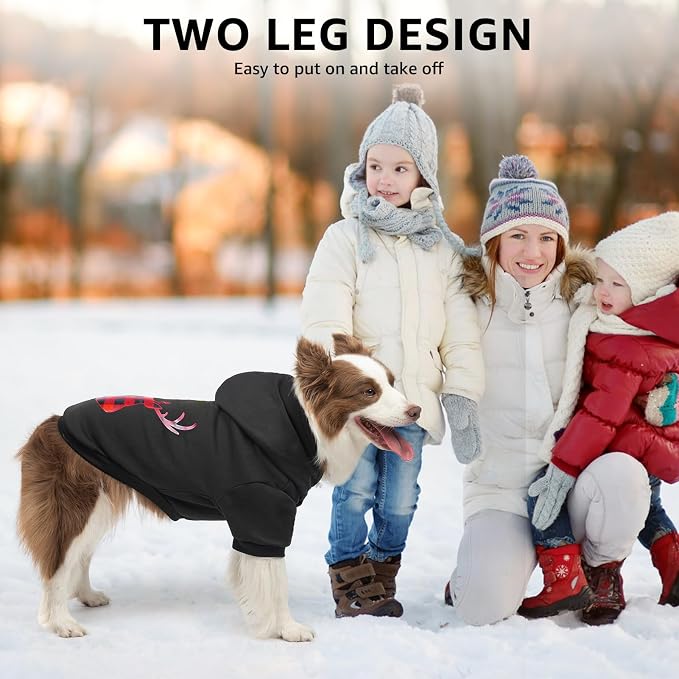 SCENEREAL Christmas Dog Hoodie with Leash Hole, Warm & Soft Fleece Pet Sweater & Sweatshirt for Small Medium Large Dogs, Xmas Elk Print Pets Clothes Cold Weather Costume, 2XL