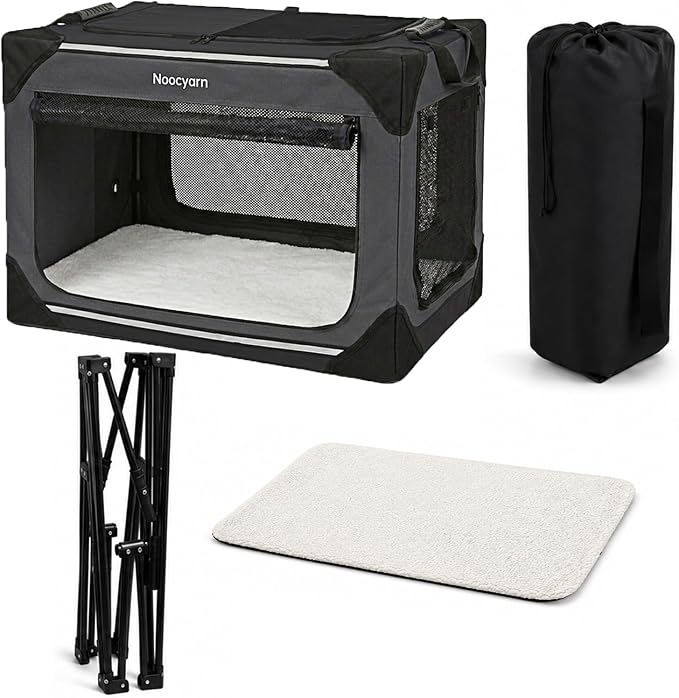 30" L Collapsible Dog Crate for Medium Dogs, Soft Pet Crate with 4-Door Mesh, Portable Dog Kennel for Travelling, Dark Grey