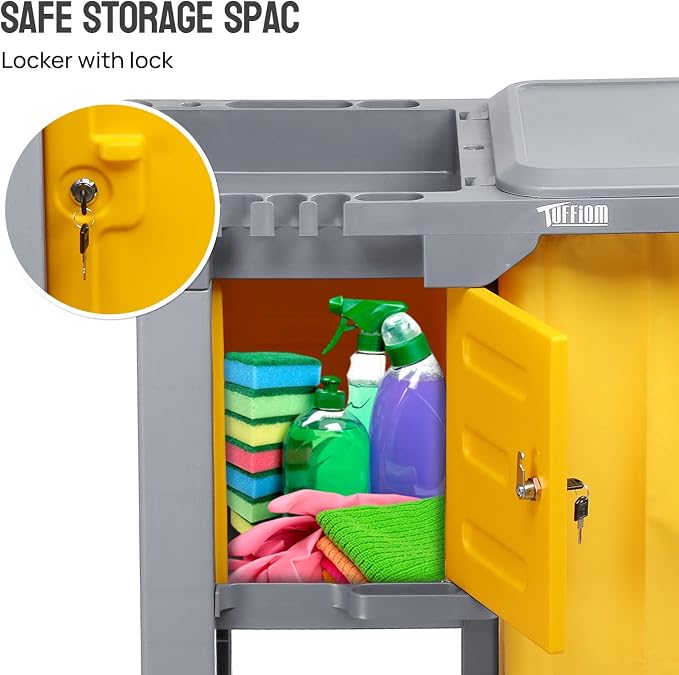 TUFFIOM Multifunctional Janitorial Cart with Key-Locking Cabinet,Cleaning Carts on Wheels,with 15 Gallon Collection Bag,500 lbs Capacity, Yellow&Gray