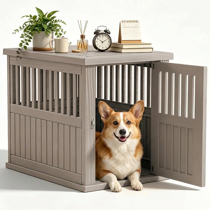 EFU 32 Inch Small Dog Crate Furniture, Indoor Dog Kennel, Puppy Pet House | Resin Pet House End Side Table, Waterproof Puppy Crates Cage for Medium Small Dogs to 45 lb, Grey