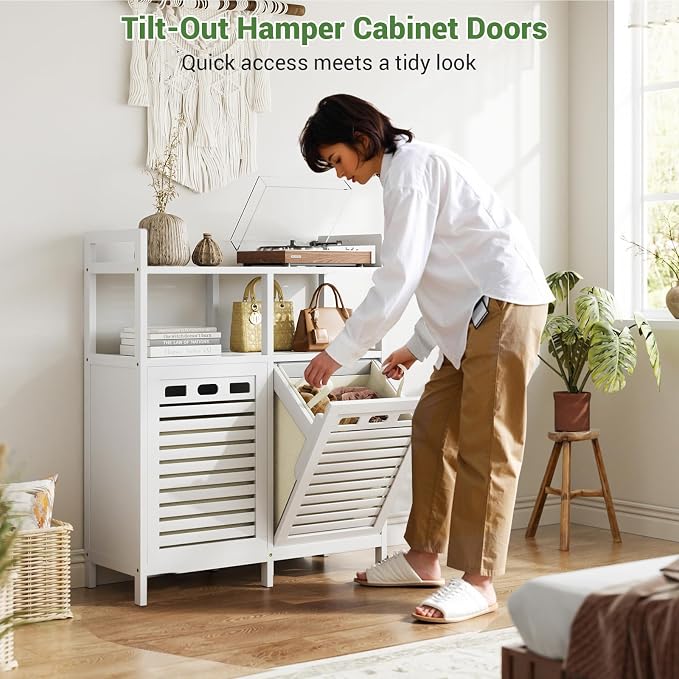 Homykic Tilt Out Laundry Hamper Cabinet, Bamboo Laundry Organizer, White | 20 Gal Laundry Sorter with 2 Removable Liner Bags, Hidden Clothes Hamper with Shelf for Laundry Room, Bathroom, Closet