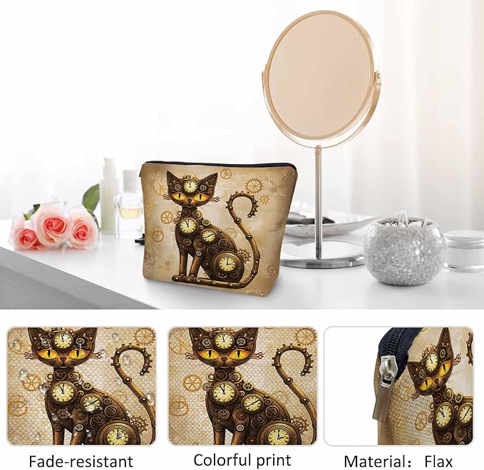 Steampunk Cat Makeup Organizer Bag Cosmetic Bag For Men Women, Brown Gearwheel Clock Steampunk Cat Travel Toiletry Bag Flax Makeup Bags Purse Business Makeup Pouch For Toiletries Cosmetics