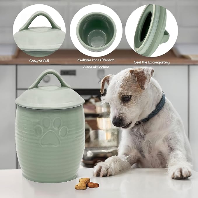 Large Dog Treat Container Airtight, Cute Dog Treat Jar with Lids,Rustic Dog Treat Storage Container, Ceramic Cat Food Jars for Kitchen Counter, Green | Large Capacity Doggie Cookie Jar for Countertop, Airtight Lid Keep Food Fresh, Sturdy Durable, Cute ...