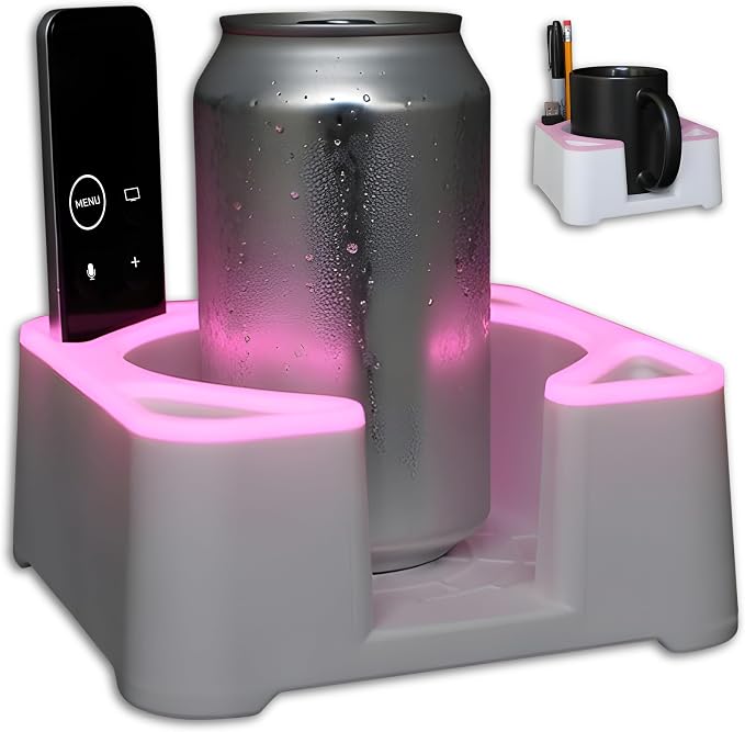 MugBrick™ Glowing Cup Holder. Anti-Spill Drink Caddy for Couch. Desktop Cup Holder Organizer. Portable Mug Holder. Dishwasher Safe Drink Tray. White + Pink Glow