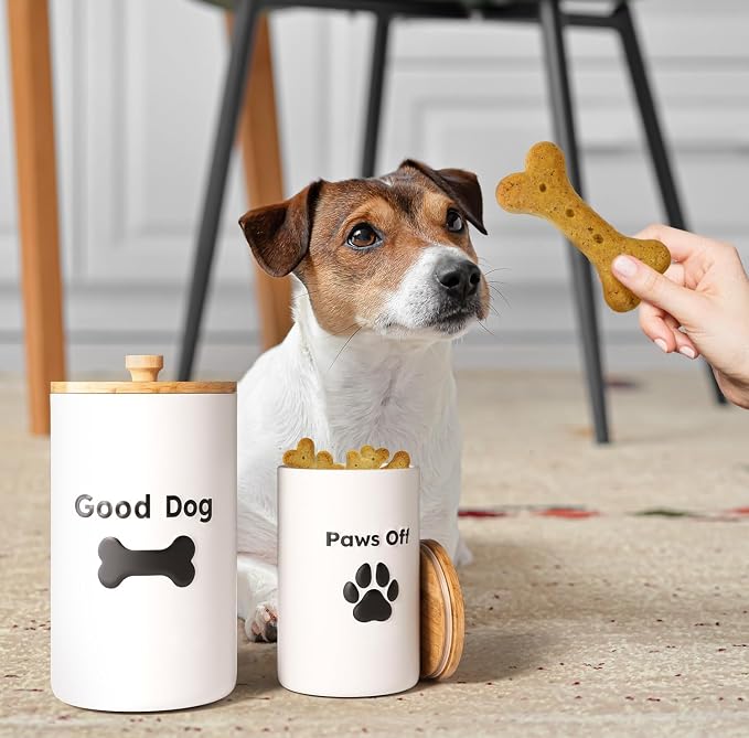 Dog Treat Container Airtight Set of 2, 9x5 & 7x4 inch Ceramic Jars. 11 Cups | Ceramic Dog Treat Jars, 2-piece set, Airtight Bamboo Lids, Rubber-Lined Lids, Raised Design, Over 11 Cups Combined Storage