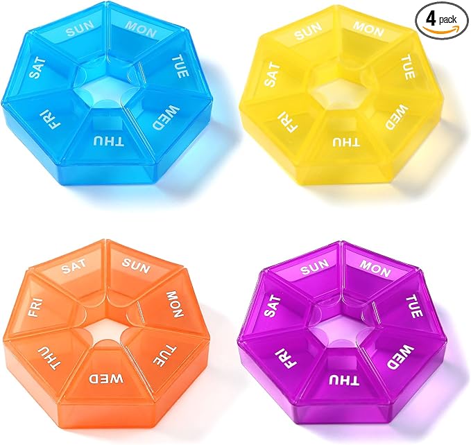 4 Pack Small Travel Pill Organizer, Small Portable Pill Dispenser | Weekly Medicine Box Storage Case, Vitamin Fish Oil Supplement Holder Reminder, Arthritis-Friendly, Yellow Blue Purple Orange