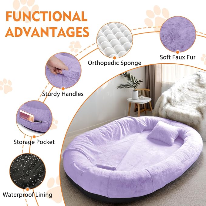 Human Dog Bed,71"x45"x14" Human Size Giant Dog Bed for Adults and Pets,Washable Faux Fur Cover Napping Orthopedic Bean Bag Bed for Humans with Blanket and Pillow,Purple