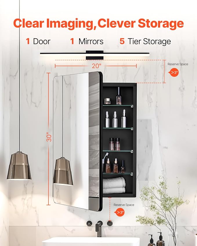VEVOR Medicine Cabinet, 20 x 30 inch, Medicine Cabinet for Bathroom with Mirror, Aluminum Frame Bathroom Wall Cabinet, 4-Layer Adjustable Shelves, Recessed & Wall-Mounted Installation