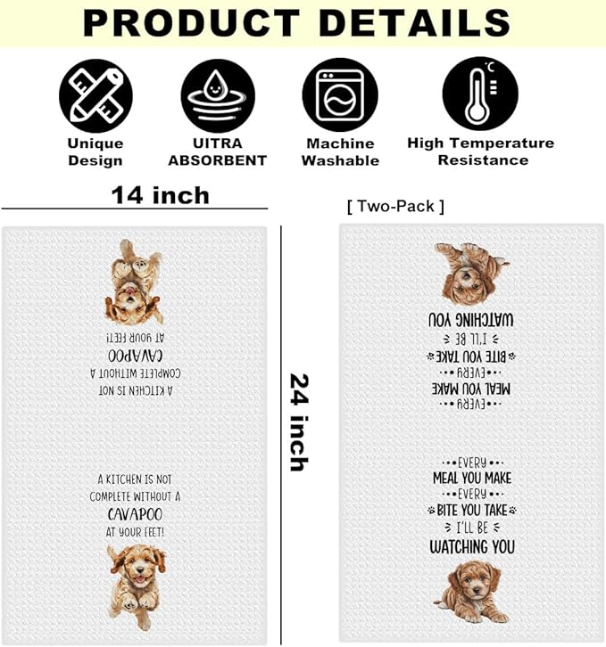 2Pcs Cavapoo Dog Kitchen Towels 24x14 Inch, Cavapoo Gifts Reusable Dish Towels Dishcloths Tea Towel for Kitchen Bathroom Decor, Waffle Weave Absorbent Hand Cloth Towel, Dog Lover Gifts for Women Mom