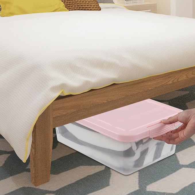 14 Quart Plastic Latching Storage Box, Plastic Underbed Storage Bin with Pink Lids, 2 Packs